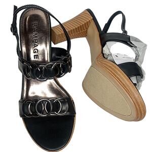 Y2K 2000s‎ VINTAGE Chunky Wood Heel Sandals Size 8 Black Silver NOS Deadstock